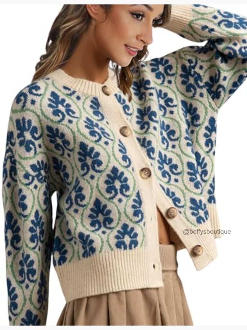 Floral Cardigan Sweater Open Front Long Sleeve Button Down Knit Vintage - Picture 5 of 7